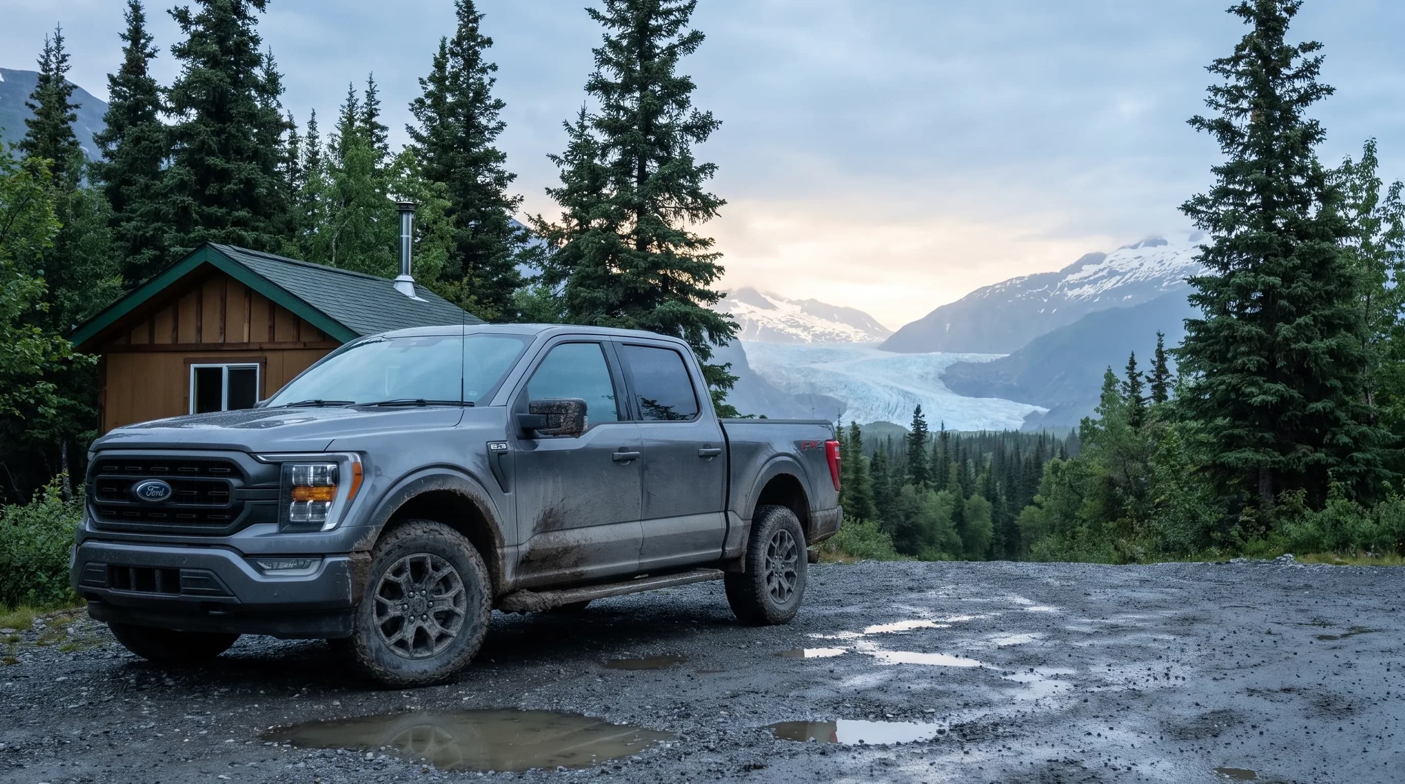 Muddy pickup truck parked in Juneau, Alaska